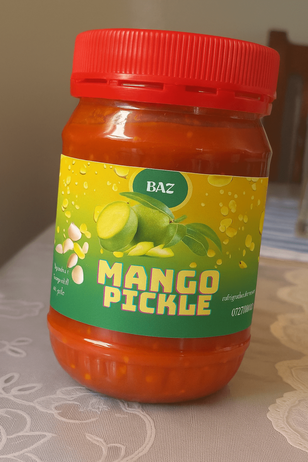 Homemade spicy mango pickle packed in airtight jars