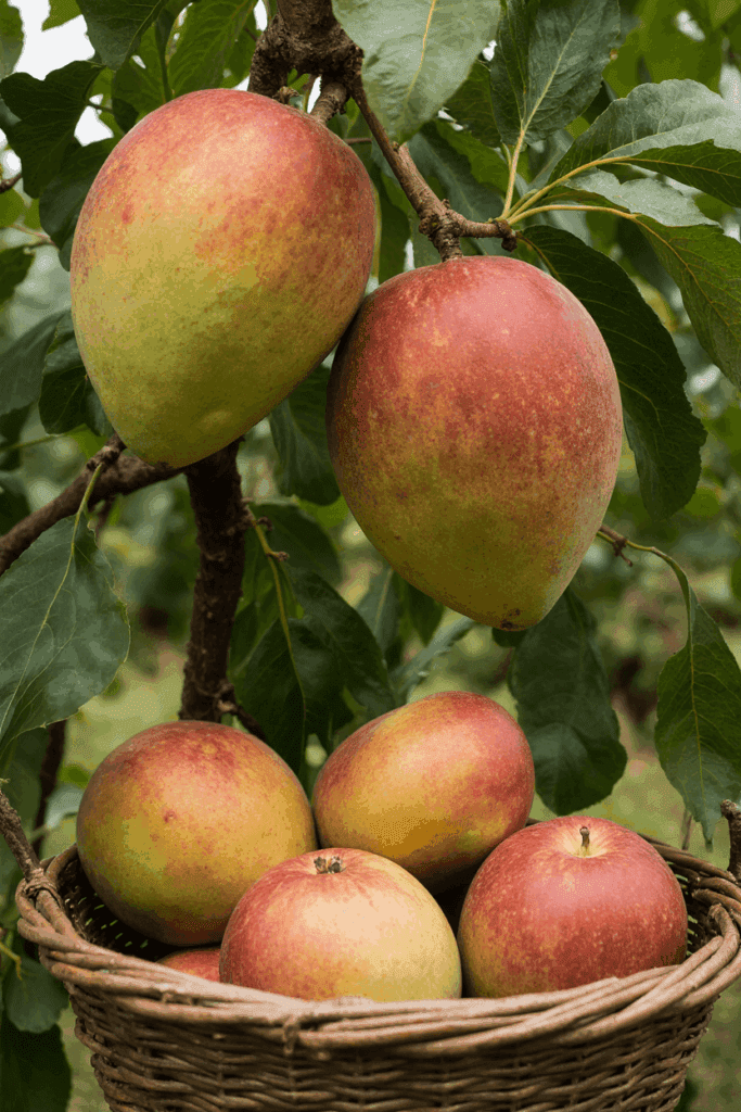 Apple mangoes on tree and in a basket, showing round shape and red blush.