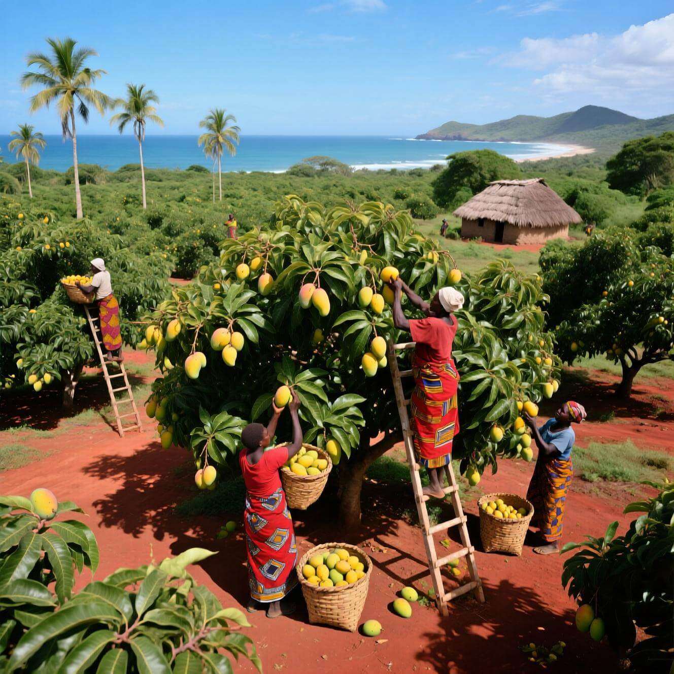 Mango orchard in coastal Kenya with farmers harvesting under blue sky