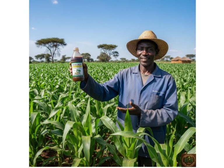 Farmer showing liquid seaweed fertiliser for maize