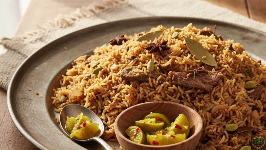 Plate of pilau rice served with Mombasa lime pickle