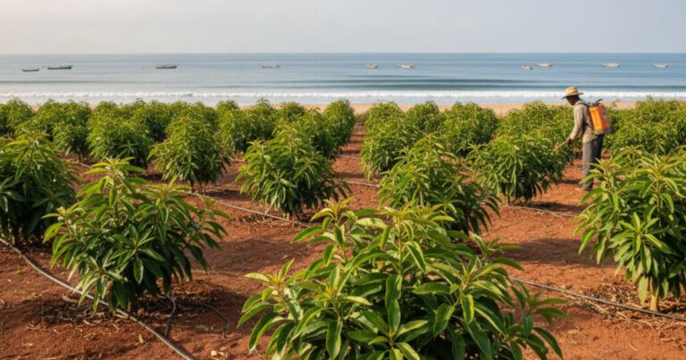 Avocado farming coastal Kenya with rows of healthy avocado trees and farmer inspecting orchard