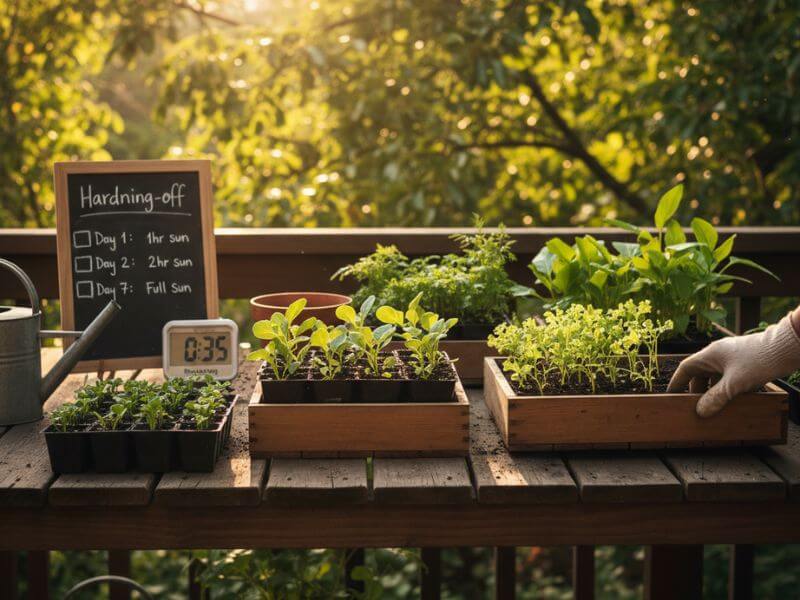 Seedling trays on a shaded patio in dappled sunlight, with a hand moving a tray and a calendar nearby showing a hardening off schedule.