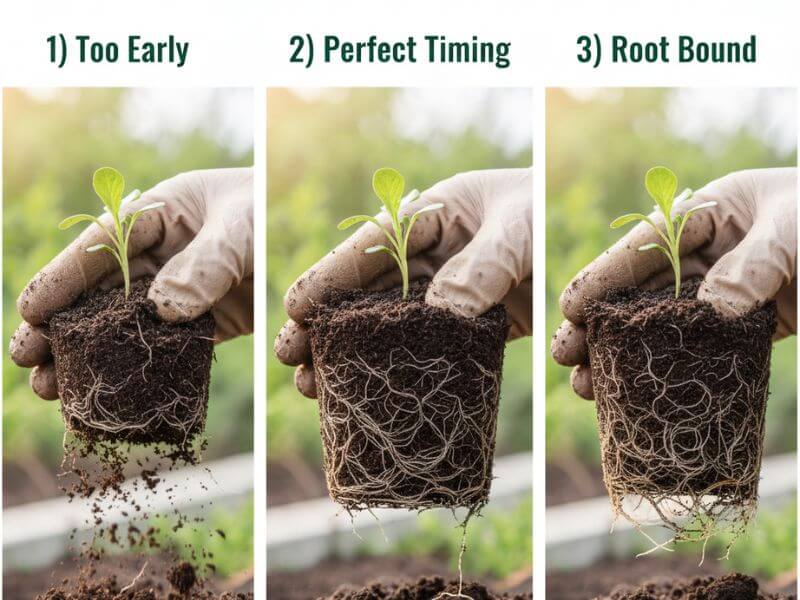 Three gloved hands holding seedling root balls at different stages, sparse early roots, healthy white roots holding soil together, and tightly circling root bound roots, each labeled for comparison.