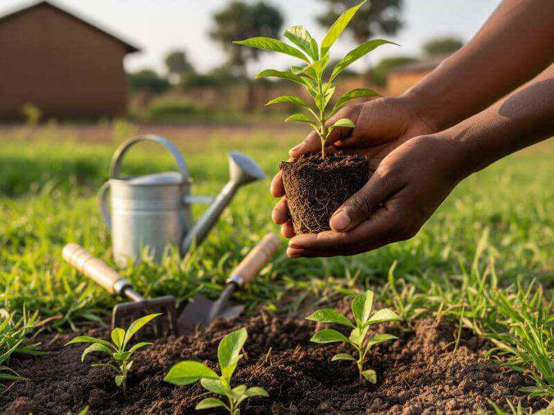 Gardener holding a healthy seedling with roots visible, surrounded by freshly transplanted seedlings in soil, with tools and a watering can blurred in the background.
