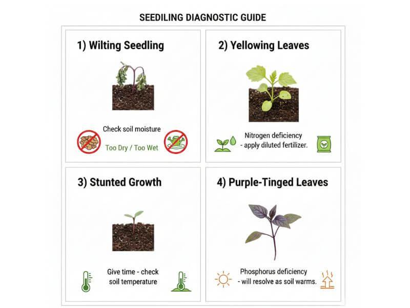 Four-panel guide showing common seedling transplant problems: wilting (check moisture), yellow leaves (nitrogen deficiency), stunted growth (check soil temperature), and purple leaves (phosphorus deficiency), each with solution text and icons.