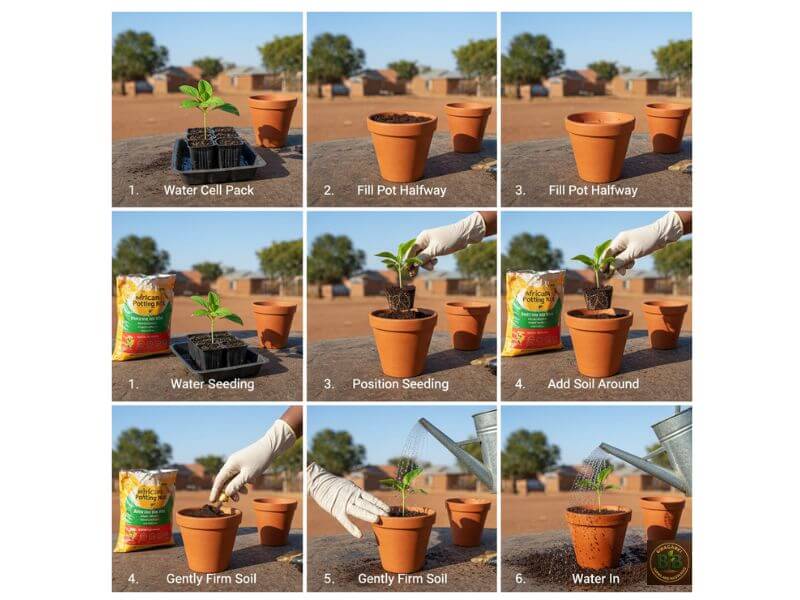 Step-by-step sequence of potting up a seedling from a cell pack into a 4-inch pot, showing soil filling, seedling placement, adding soil around roots, and final watering on a tidy workspace.