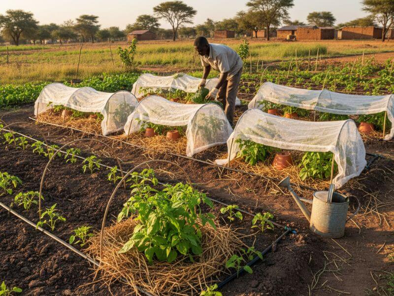 : Garden bed with newly transplanted seedlings under shade cloth and row covers, a hand adding mulch around a seedling, drip irrigation visible, and a watering can nearby.