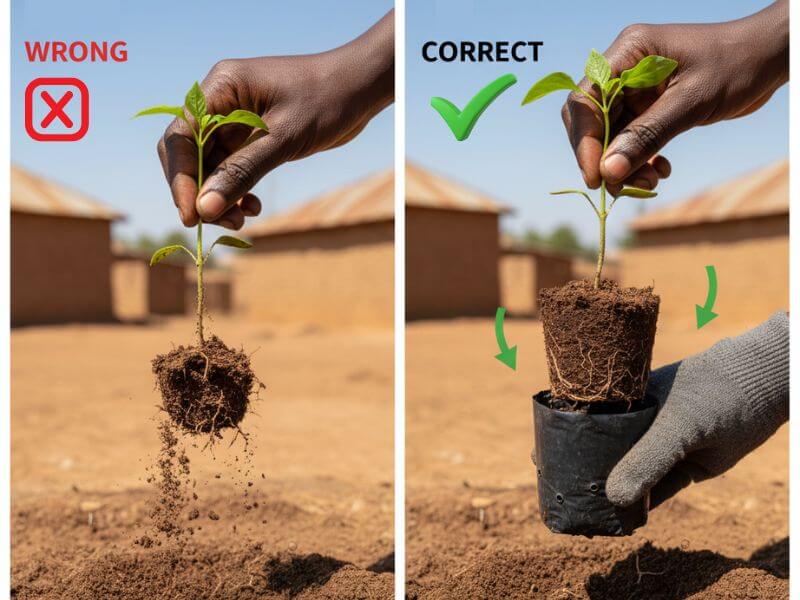 Side by side comparison of two seedlings, left being pulled by stem with red X, right held correctly by leaves/root ball with green checkmark, showing intact roots and proper finger placement.