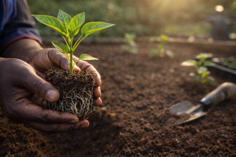 Gardener hands holding a healthy tomato or pepper seedling with a clean white root ball and two to three sets of deep green true leaves, ready for transplanting.