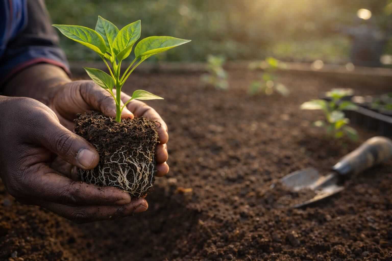 Gardener hands holding a healthy tomato or pepper seedling with a clean white root ball and two to three sets of deep green true leaves, ready for transplanting.