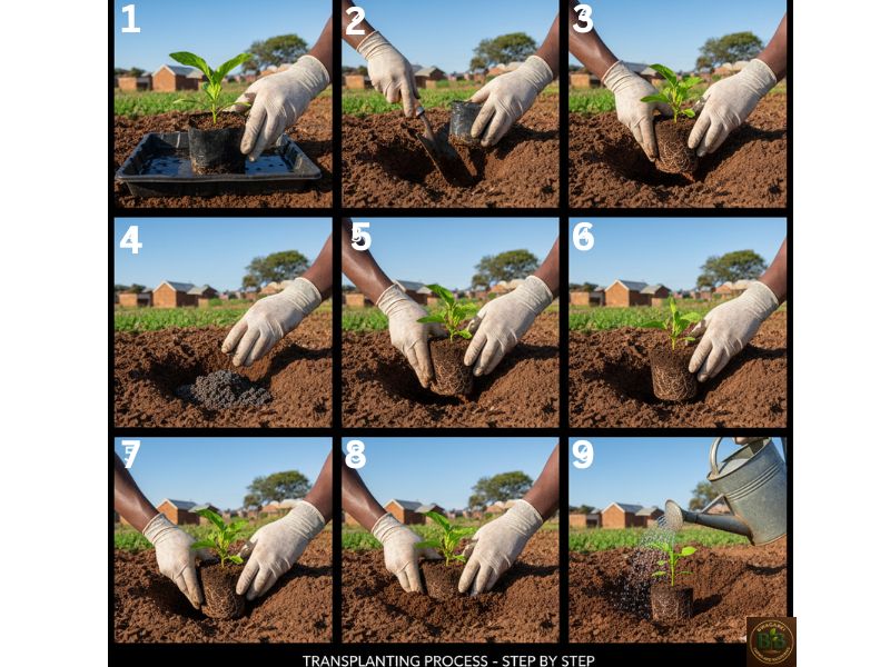 nine step photo sequence of transplanting a seedling, watering in pot, preparing a composted hole, removing the plant with intact roots, placing it at proper depth, firming soil, and watering after planting.