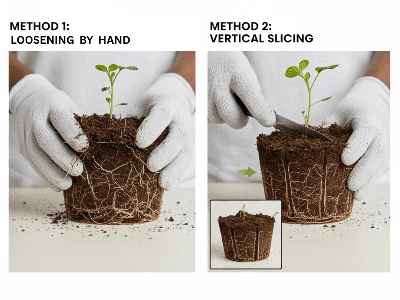Hands carefully loosening tightly circled roots of a root-bound seedling, showing before and after root separation and shallow cuts, with white roots visible against soil.