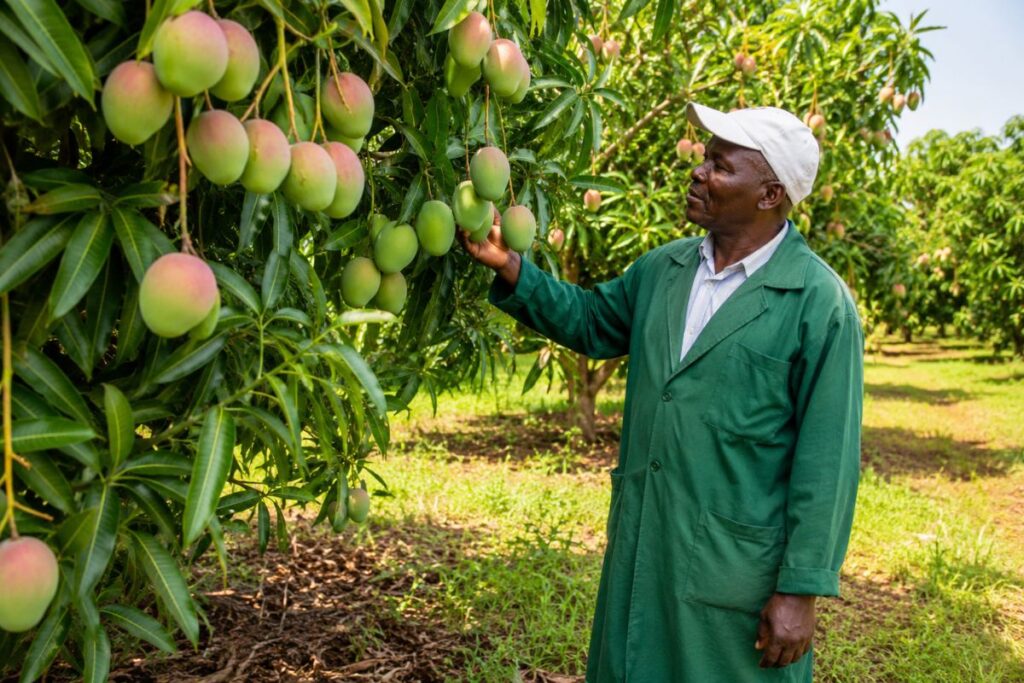 Healthy mango orchard in Kilifi County with mature fruit-bearing mango trees