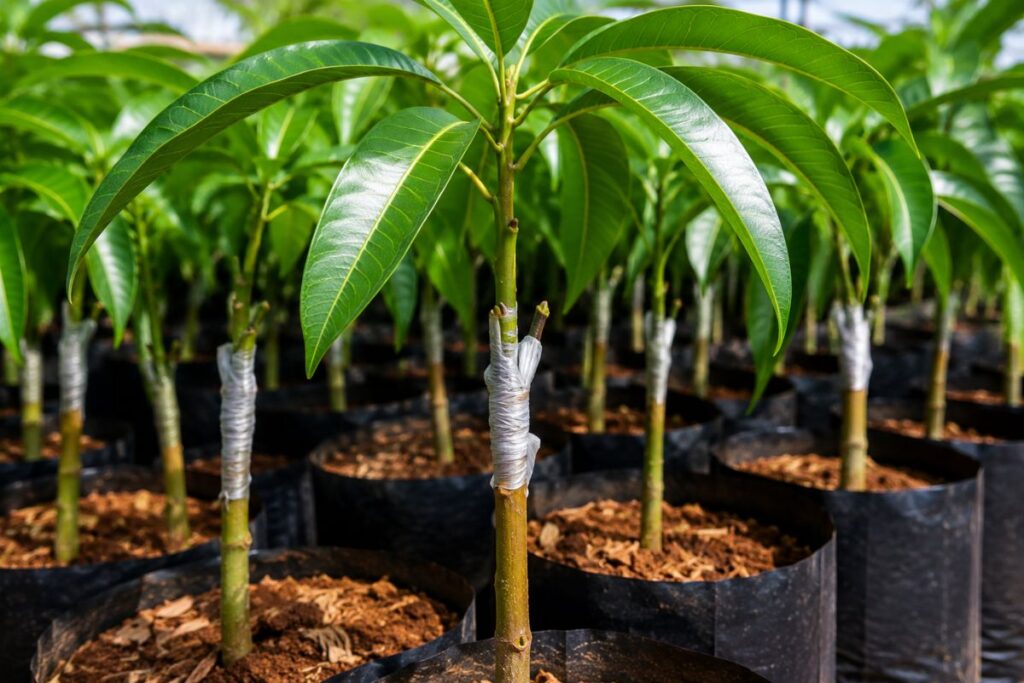 Healthy grafted mango seedling showing strong graft union and green leaves