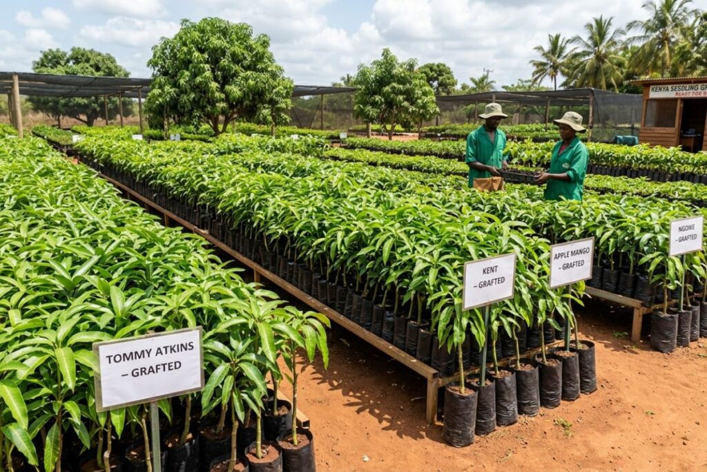 Healthy grafted mango seedlings in nursery bags ready for sale in Kenya