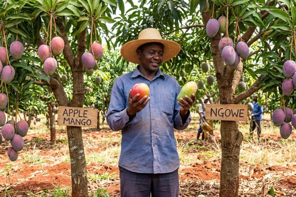 Farmer inspecting mature fruit-bearing mango trees in a productive orchard in Kilifi County Kenya