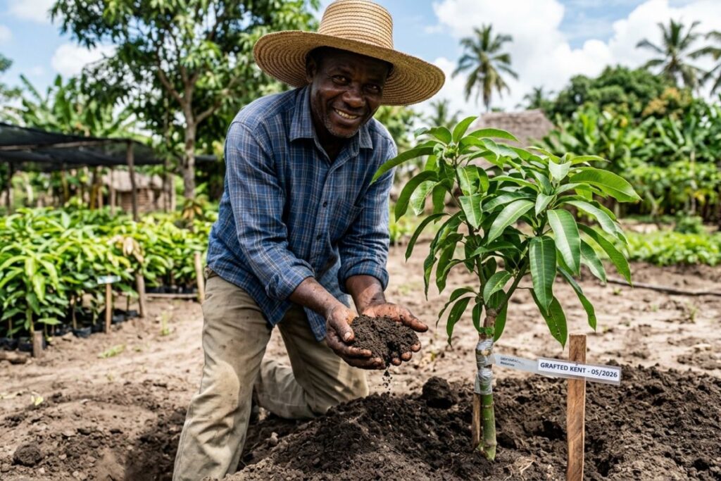 Farmer holding fertile sandy loam soil beside a healthy grafted mango seedling on a Coastal Kenya farm