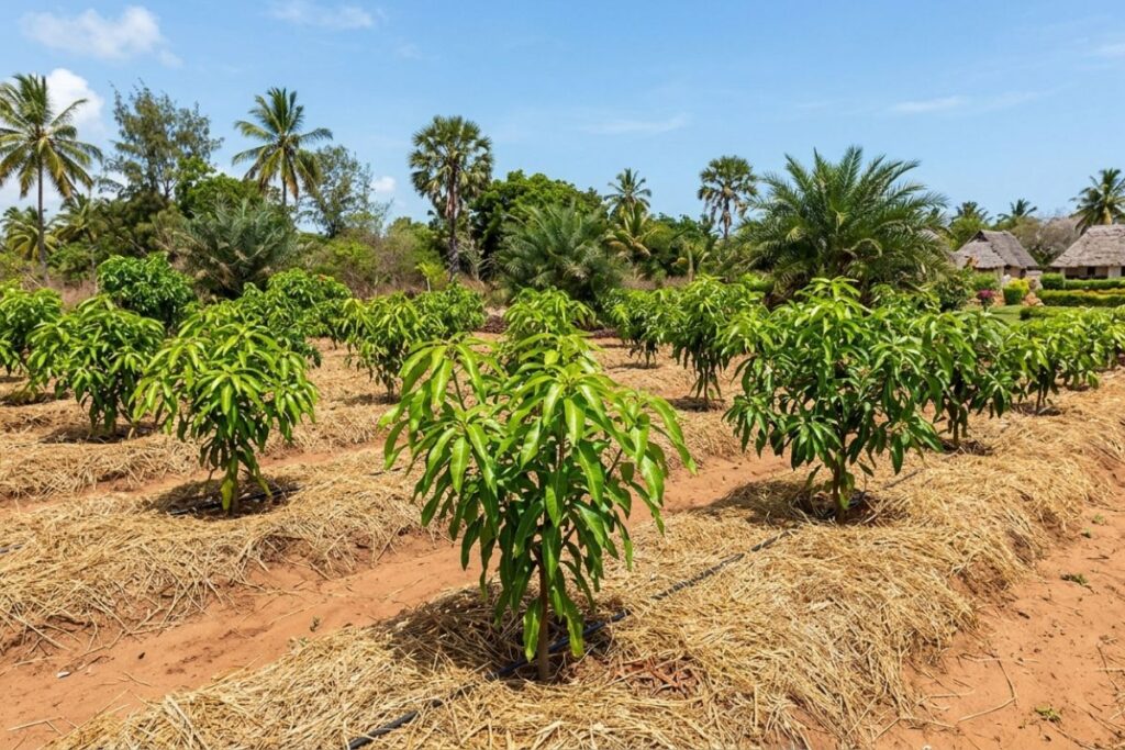 Young mango orchard with mulched trees and healthy green growth in Coastal Kenya