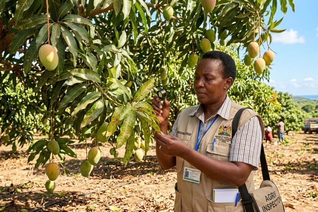 Agricultural officer inspecting a healthy mango tree in a Kenyan orchard